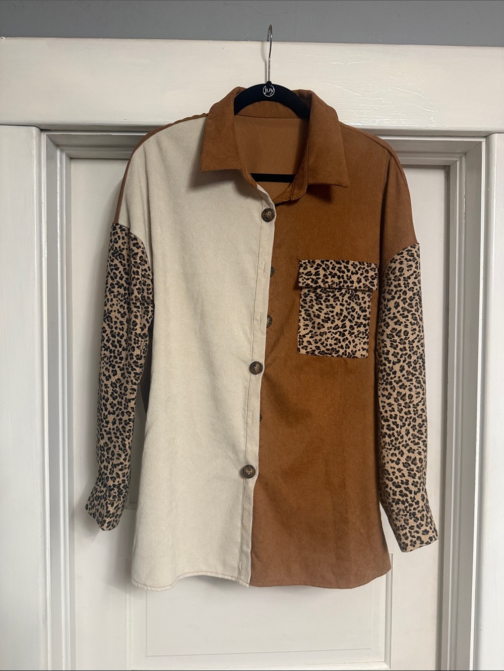 Colorblock Leopard-Trim Shacket - Brown & Cream